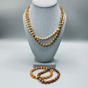 Cultured Pearl Beaded Bracelet and Necklace Lot 17" and 6.5" Orange Brown Beige